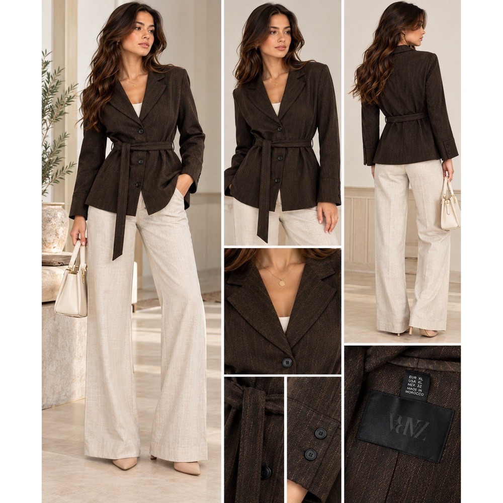 Zara Womens Blazer XLHerringbone Belted Jacket Brown Tan New(11-b73)